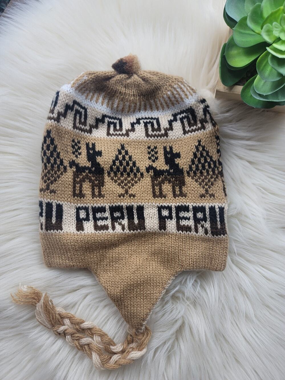 Peruvian Alpaca Reversible Chullo Beanie Brown & Beige Earflaps Ethnic Artisan